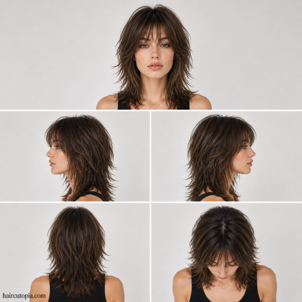 Five-view collage of a wolf cut for fine hair showing the front, left side, right side, back, and top views.