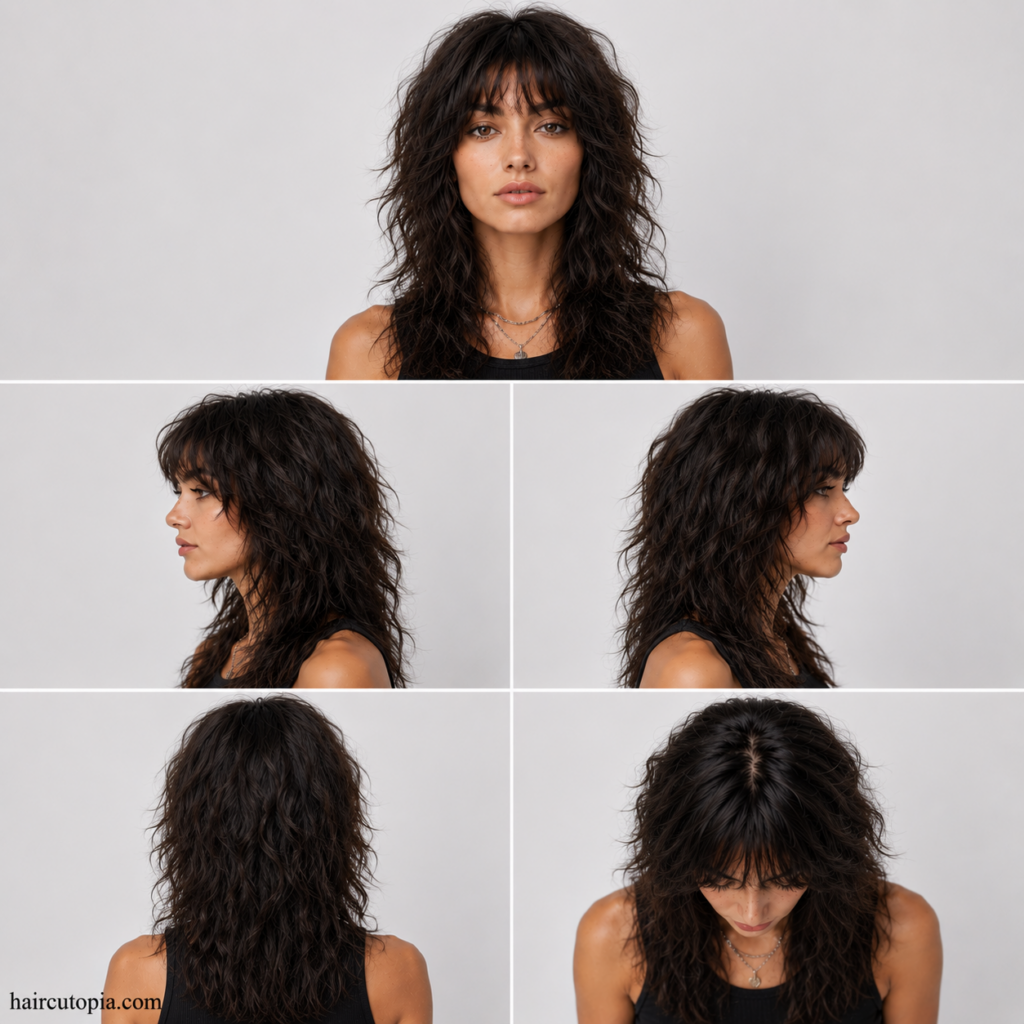 Five-view collage of a wolf cut for frizzy hair showing the front, left side, right side, back, and top views.