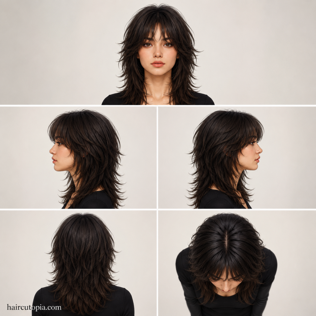 Five-view collage of a teen girl with a layered wolf cut hairstyle showing the front, left side, right side, back, and top views.
