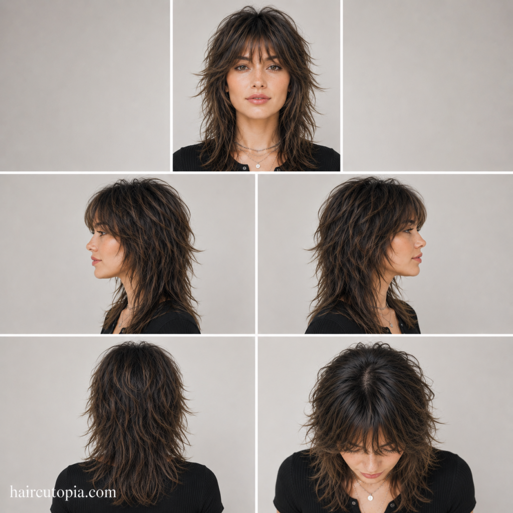 Wolf cut haircut shown from front, left side, right side, back, and top views