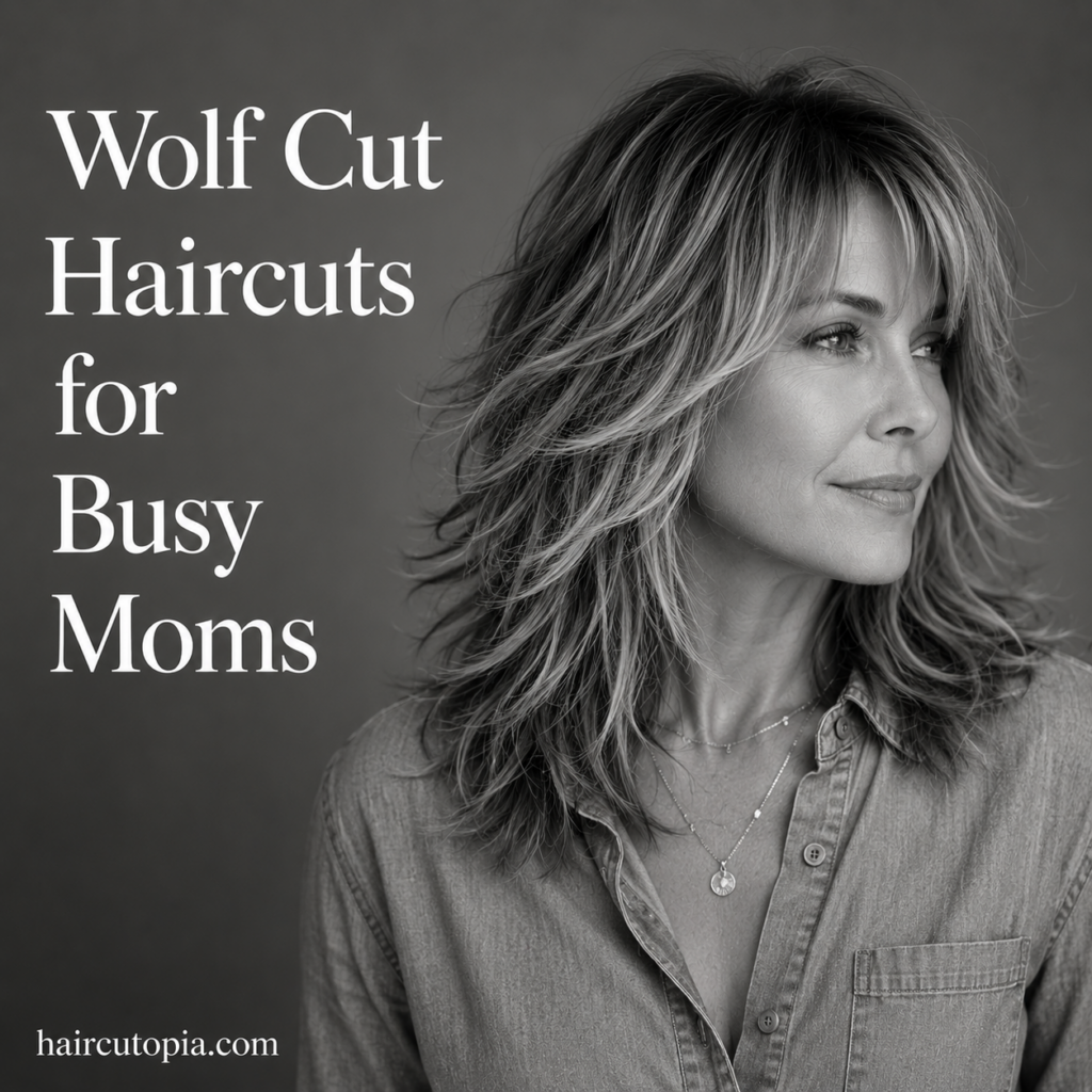 Busy mom with a modern layered wolf cut hairstyle featuring soft bangs, textured layers, and effortless volume.