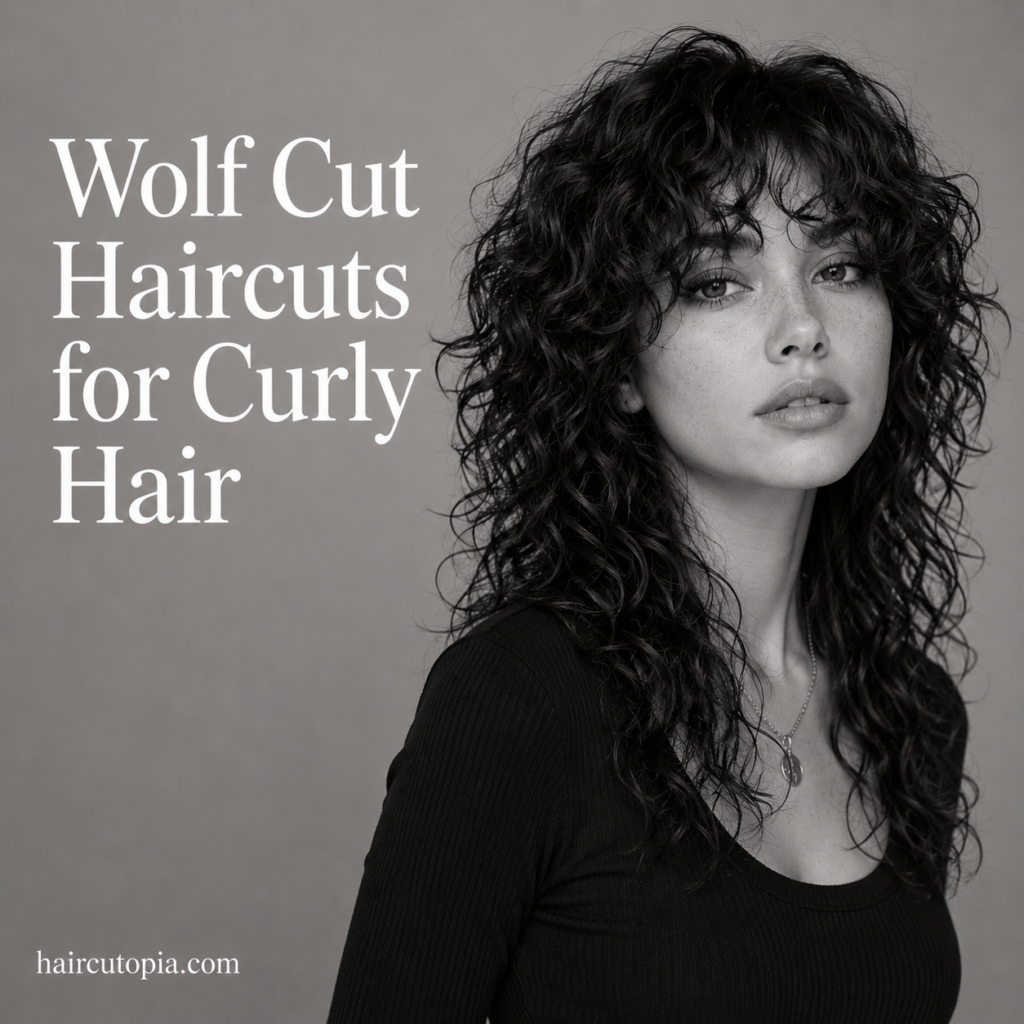 Woman with a layered curly wolf cut hairstyle featuring defined curls, volume, and textured bangs.