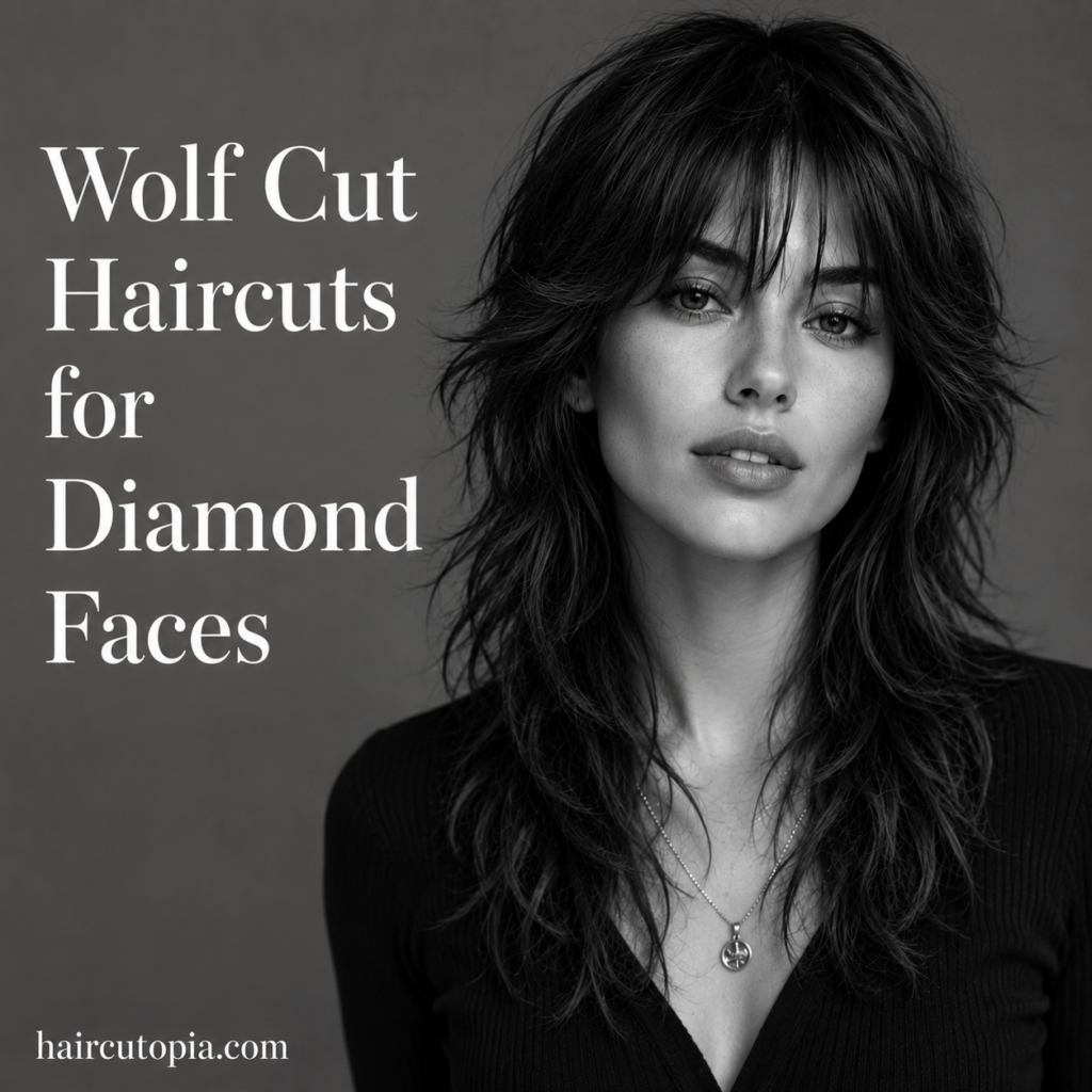 Woman with a modern layered wolf cut hairstyle designed to complement a diamond-shaped face in a black-and-white editorial portrait.