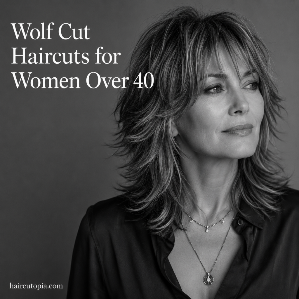 Woman over 40 with a modern layered wolf cut hairstyle featuring soft bangs and textured movement.