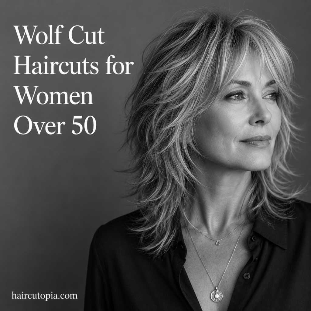 Woman over 50 with a modern layered wolf cut hairstyle featuring soft bangs, feathered layers, and natural volume.
