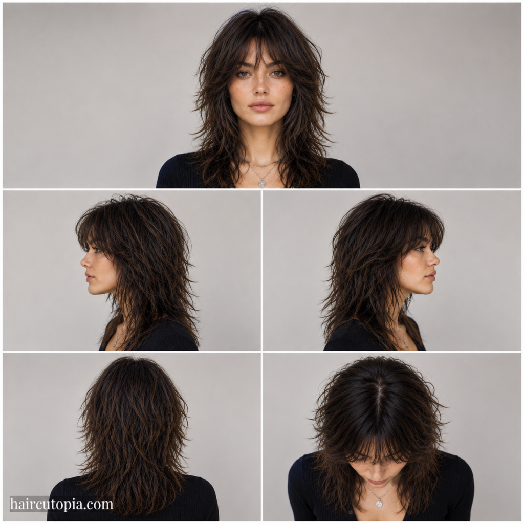 Five-panel collage showing a wolf cut haircut for a heart-shaped face from the front, left side, right side, back, and bird's-eye views.