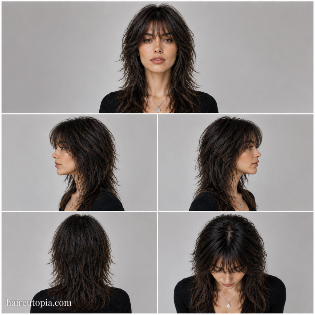 Five-panel collage showing a wolf cut haircut for a long face from the front, left side, right side, back, and bird's-eye views.