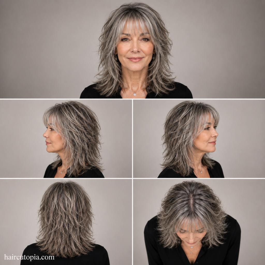 Five-view collage of an older woman with a modern wolf cut hairstyle showing the front, left side, right side, back, and bird's-eye views.