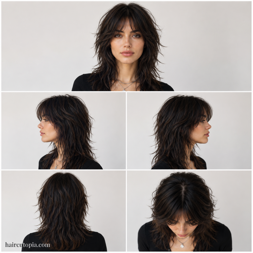 Five-panel collage showing a wolf cut haircut for an oval face from the front, left side, right side, back, and bird's-eye views.