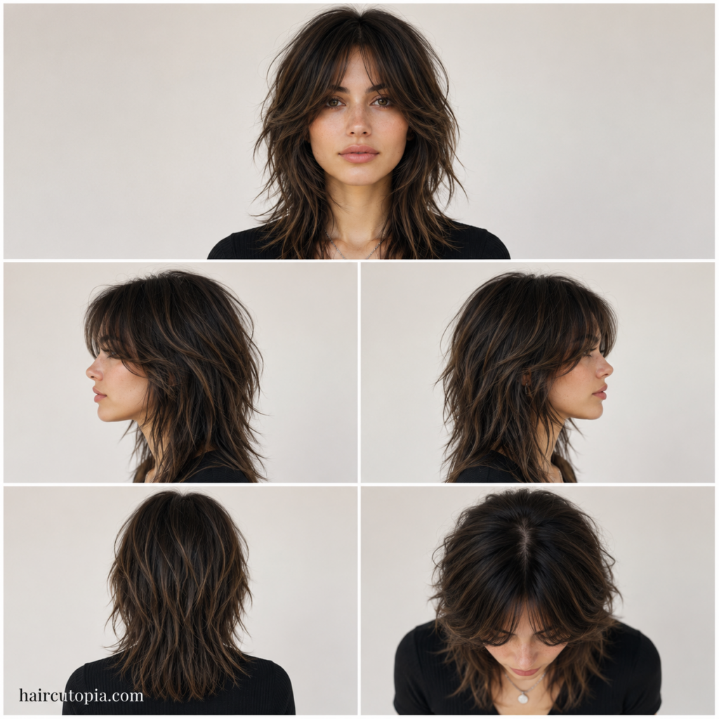 Five-panel collage showing a wolf cut haircut for a round face from the front, left side, right side, back, and top views.