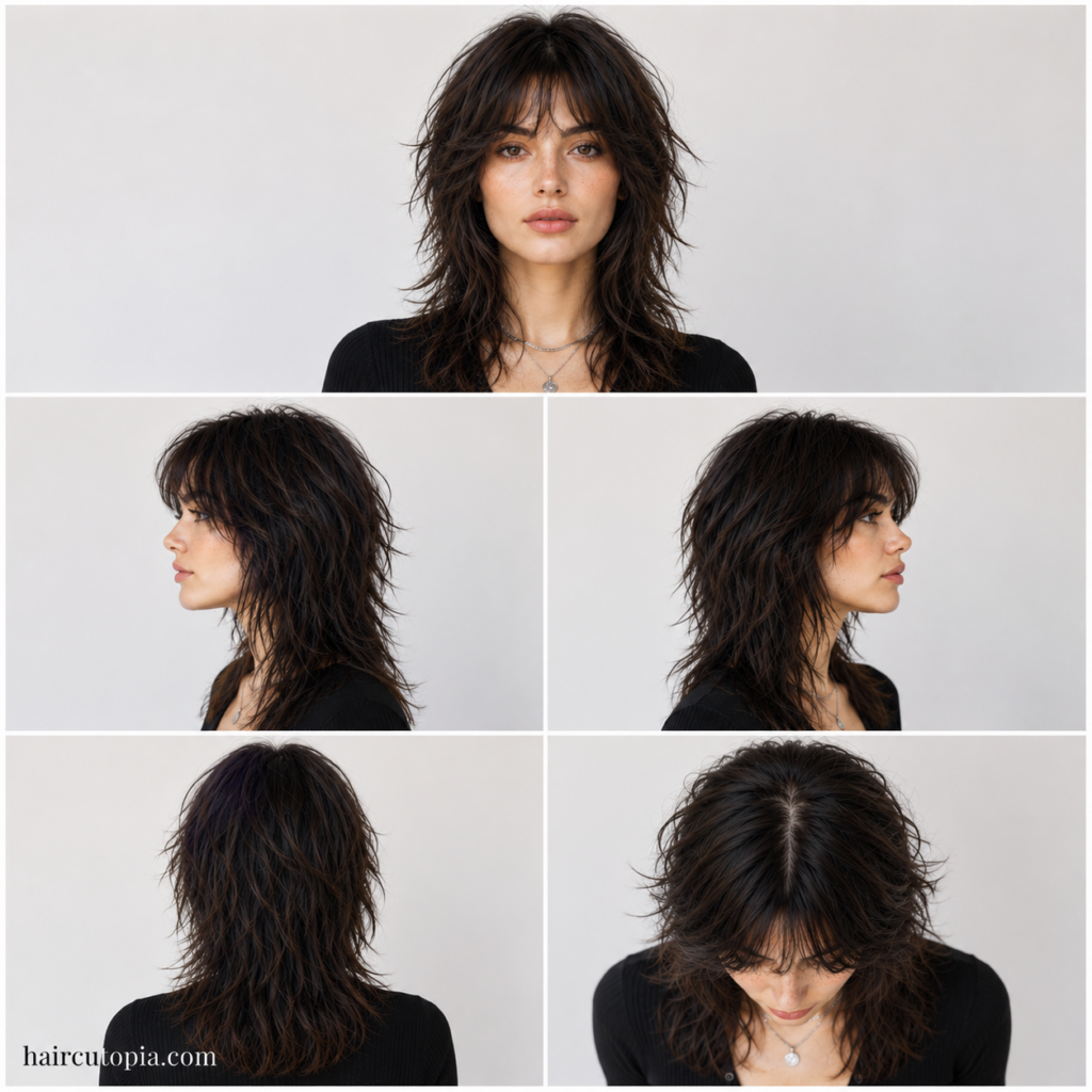 Five-panel collage showing a wolf cut haircut for a square face from the front, left side, right side, back, and bird's-eye views.