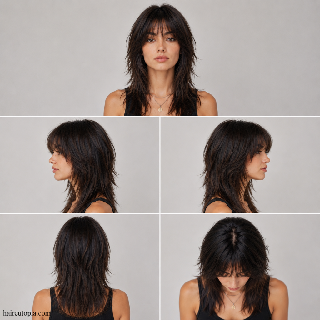 Five-view collage of a wolf cut for straight hair showing the front, left side, right side, back, and top views.