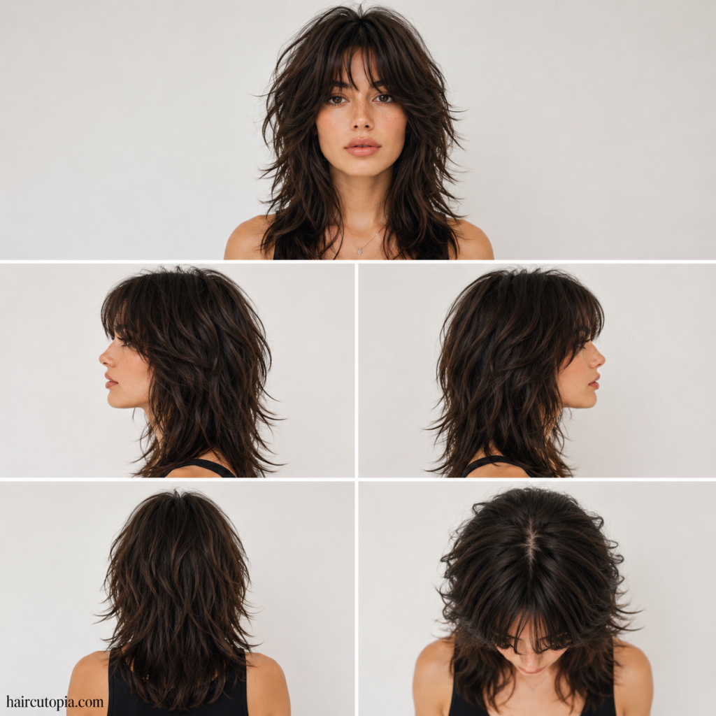 Five-view collage of a wolf cut haircut for thick hair showing the front, left side, right side, back, and top views.