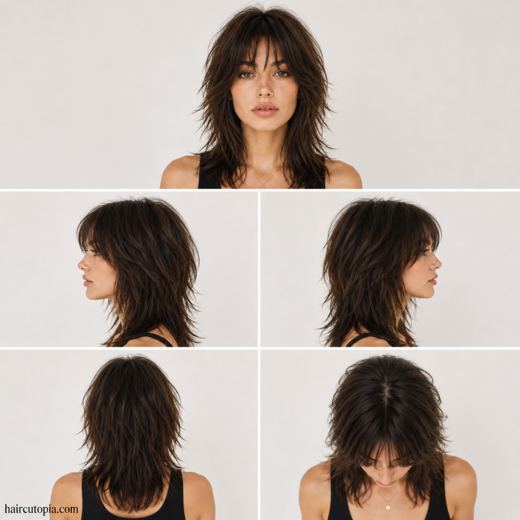 Five-view collage of a wolf cut for thin hair showing the front, left side, right side, back, and top views.