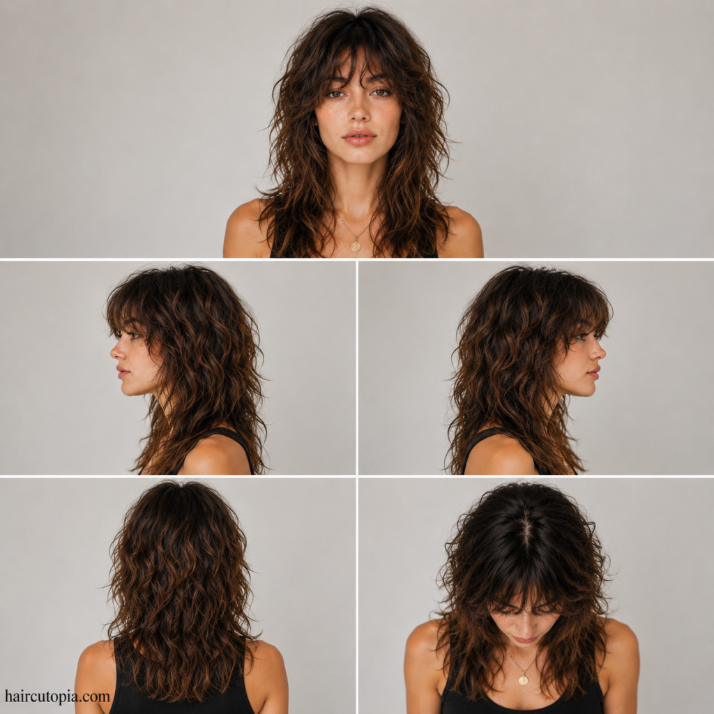 Five-view collage of a wolf cut for wavy hair showing the front, left side, right side, back, and top views.