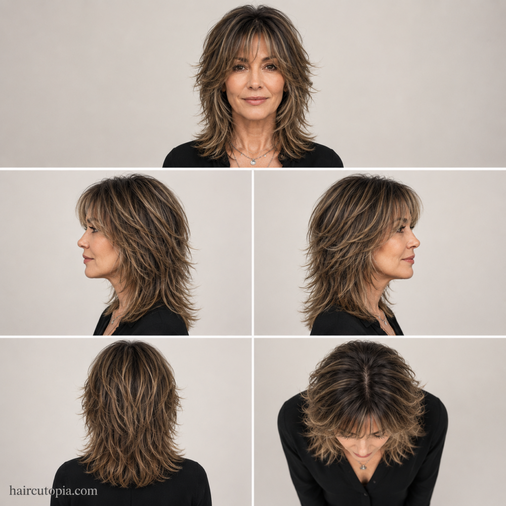 Five-view collage of a woman over 40 with a modern wolf cut hairstyle showing the front, left side, right side, back, and top views.