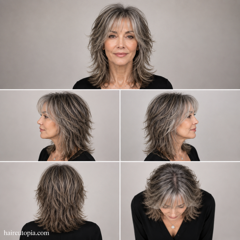 Five-view collage of a woman over 50 with a modern wolf cut hairstyle showing the front, left side, right side, back, and bird's-eye views.