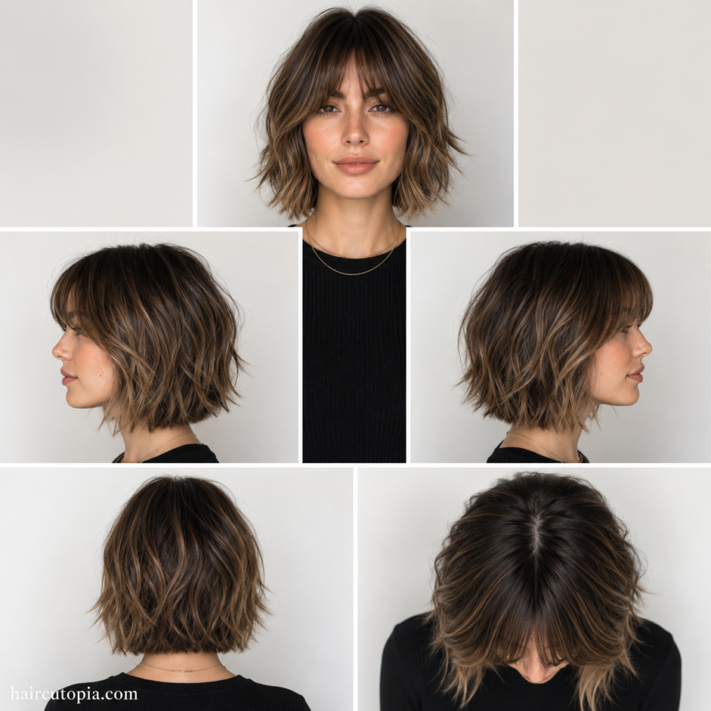 Women’s textured bob haircut shown from front, side, back, and top views