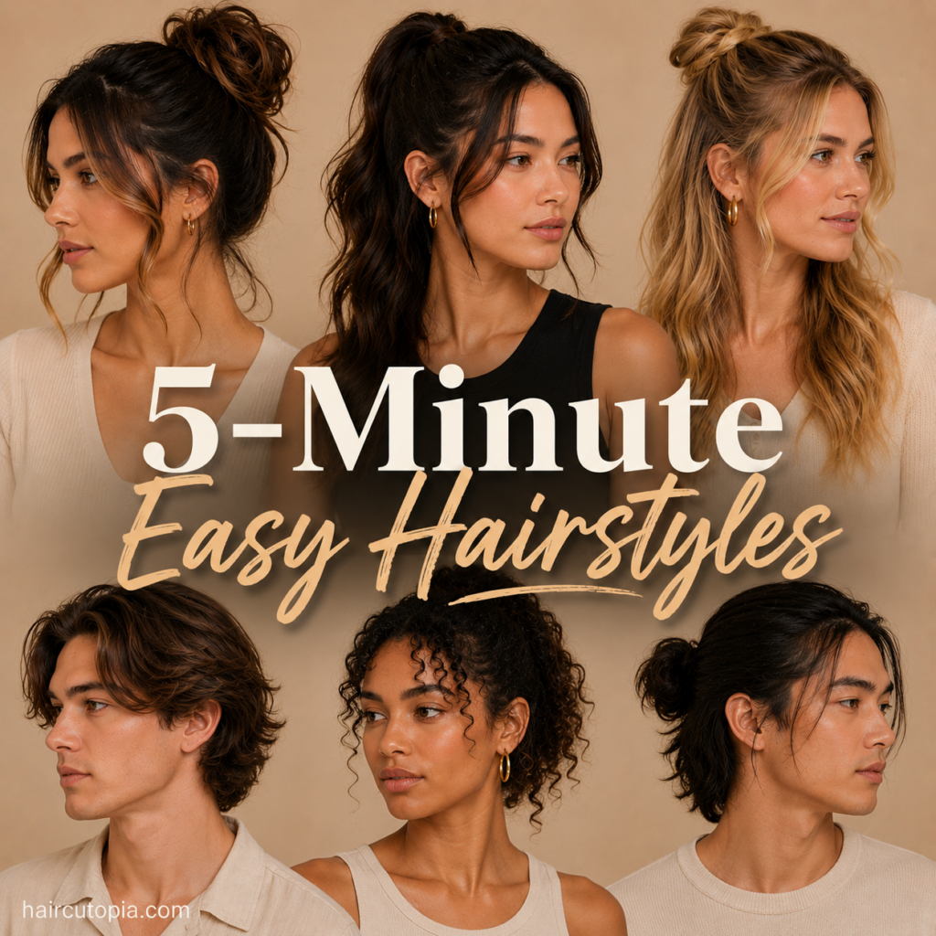 Diverse men and women showcasing 5-minute easy hairstyles including ponytails, buns, waves, curls, and quick updos