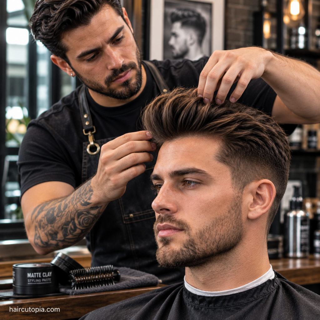 Barber applying styling product to shape and define a textured quiff