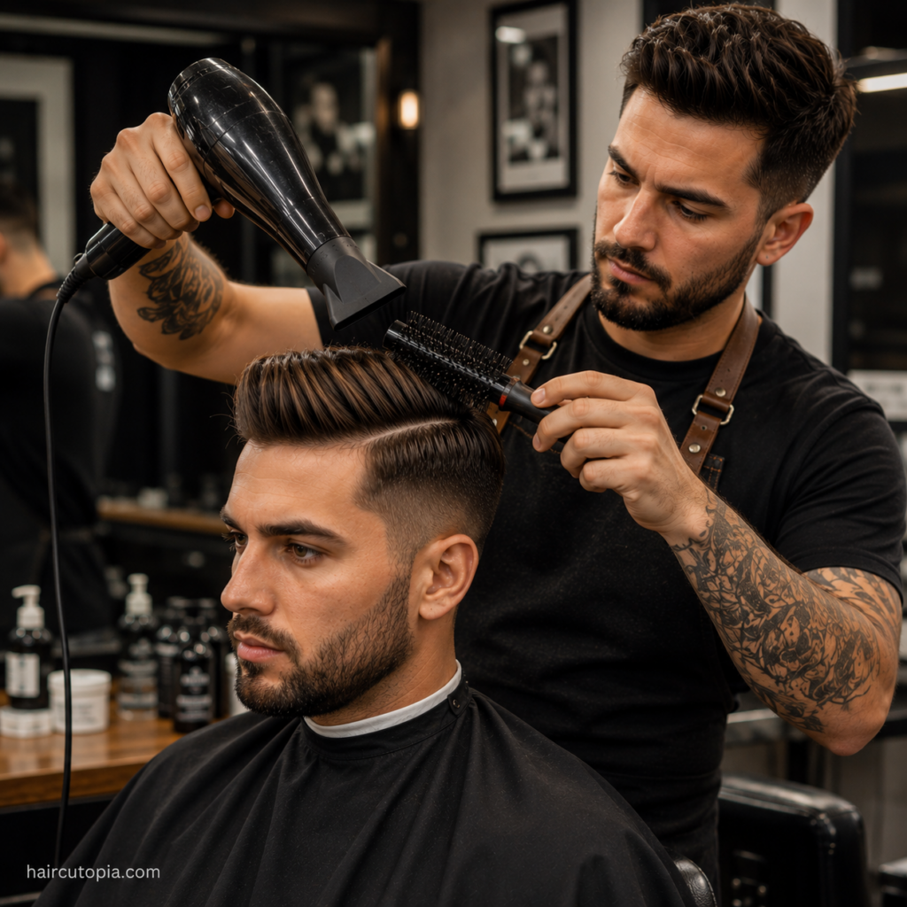 Barber using a blow dryer and round brush to style a side part haircut