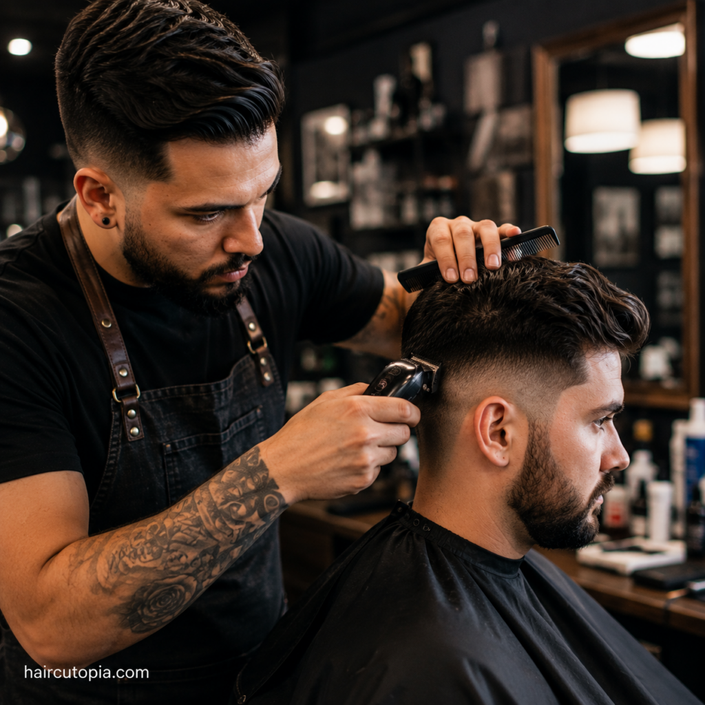 Professional barber using clippers and a comb to create a fade haircut