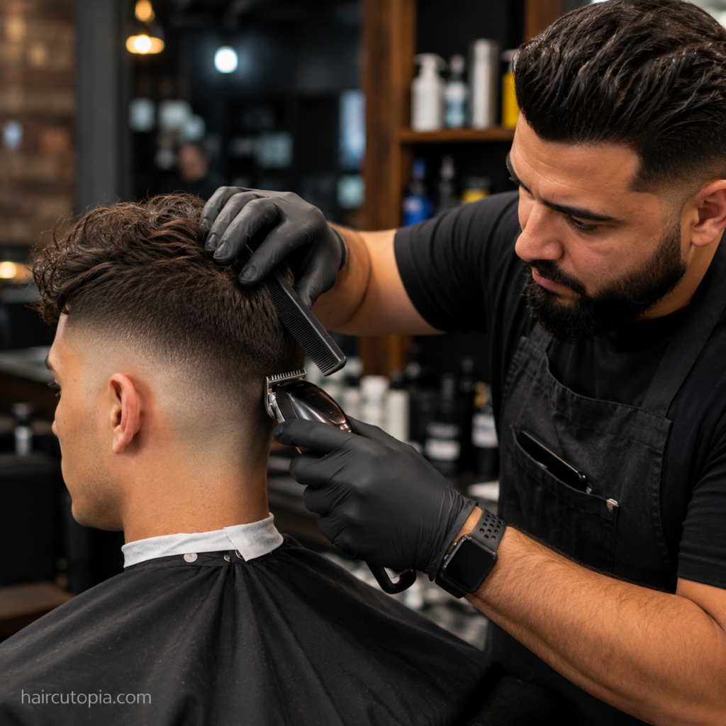Professional barber creating a taper fade with clippers and a comb
