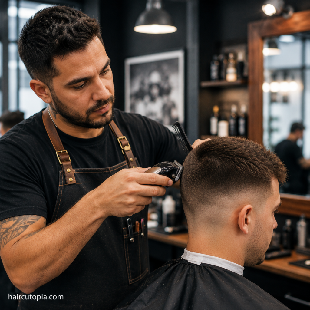 Barber using clippers to shape a crew cut with faded sides