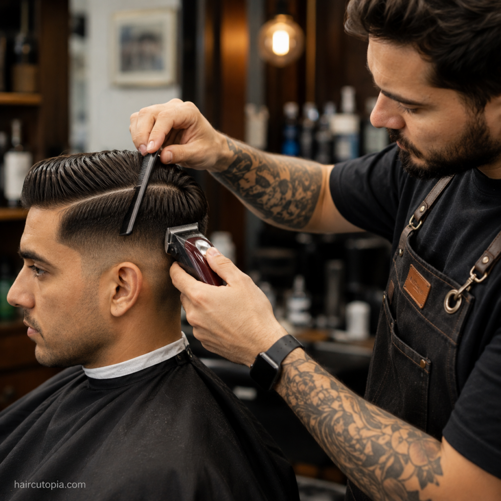 Barber cutting and shaping a side part haircut with clippers and a comb