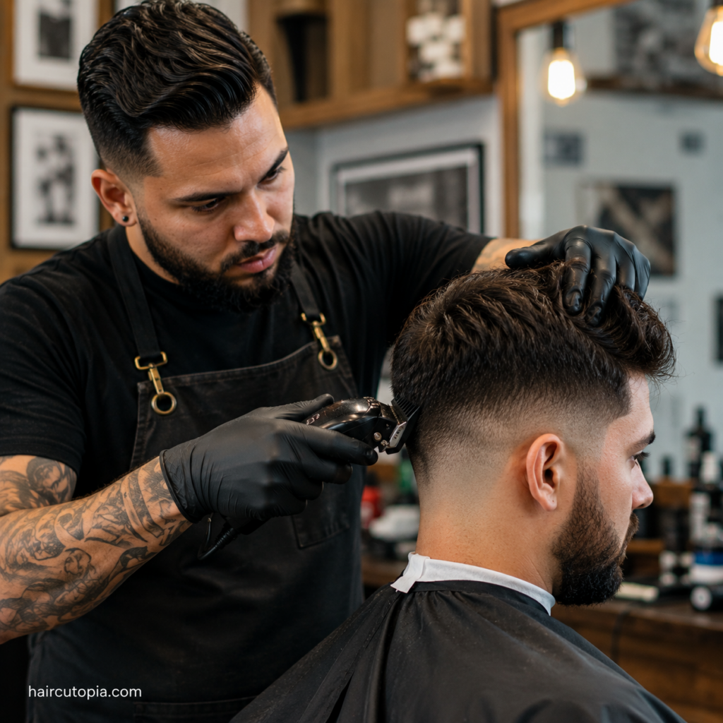 Professional barber using clippers to blend a fade haircut on a client