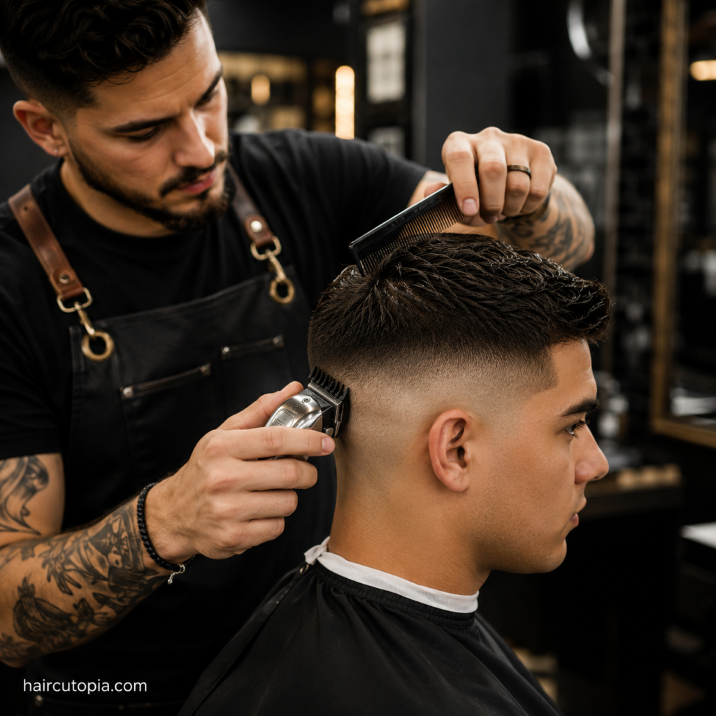 Barber using clippers and a comb to create a fade haircut