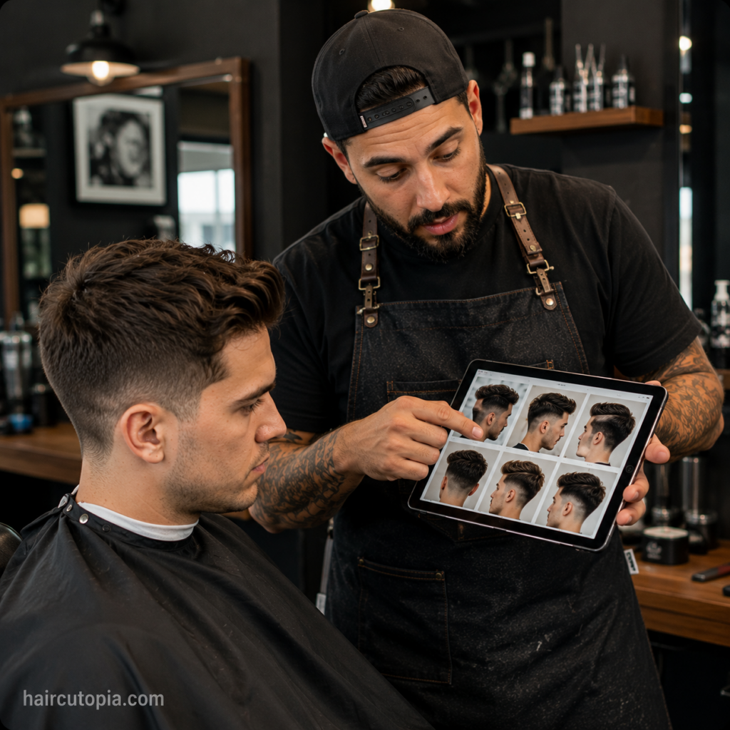 Barber showing haircut reference photos to a client during a consultation