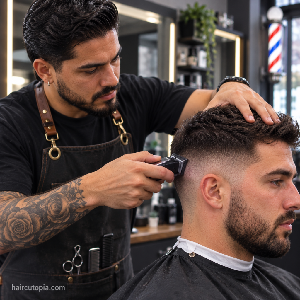 Barber using clippers to maintain a client's fade haircut