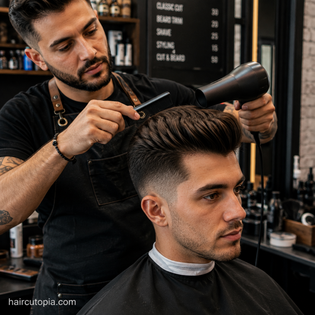 Barber styling a pompadour haircut with a comb and blow dryer