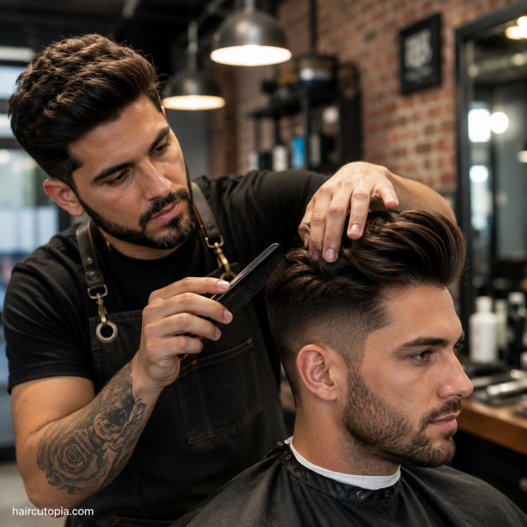 Professional barber styling a textured quiff haircut with a comb