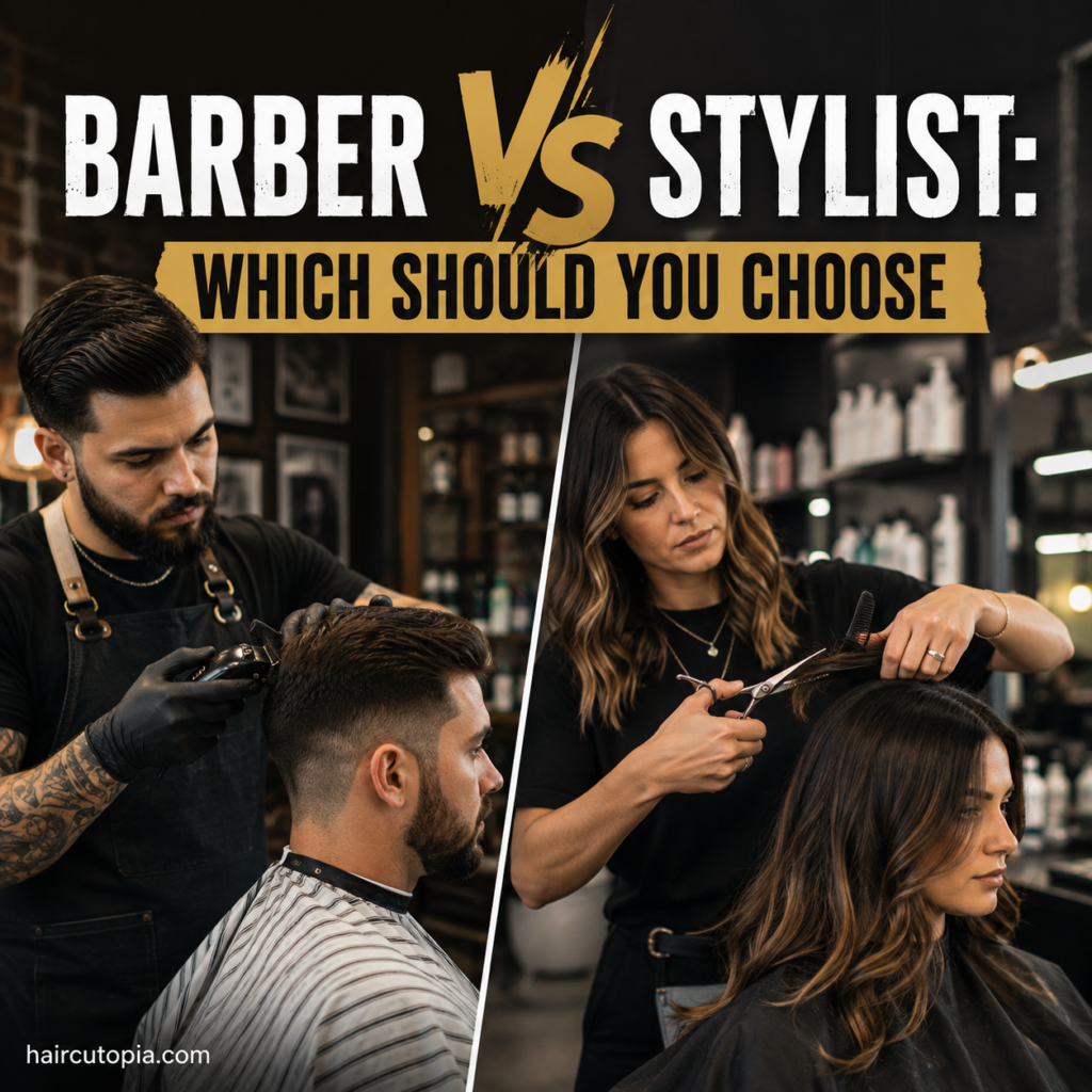 Barber using clippers and hairstylist using scissors to compare barber vs stylist services