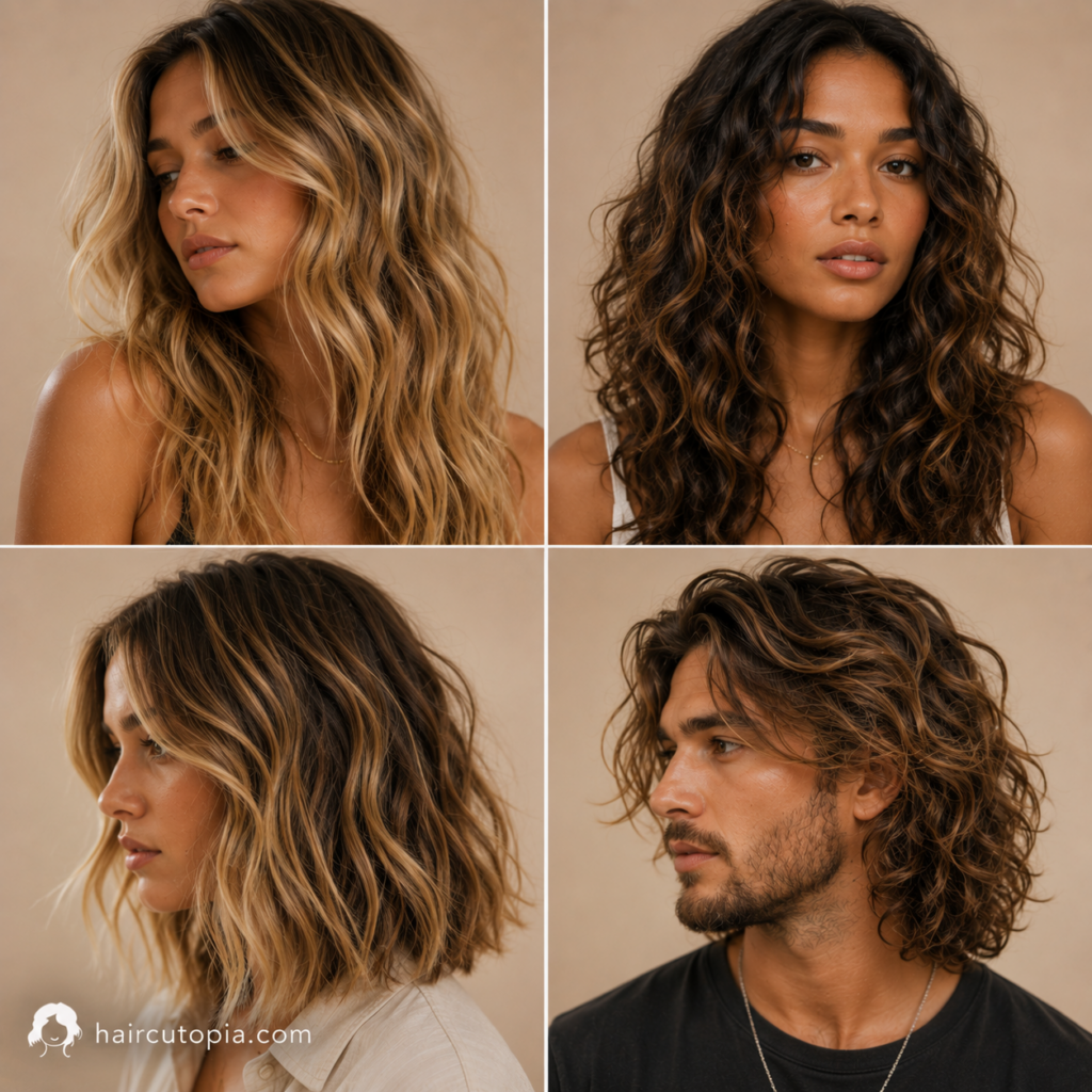Beach waves hairstyle ideas featuring long, curly, shoulder-length, and men's wavy hair