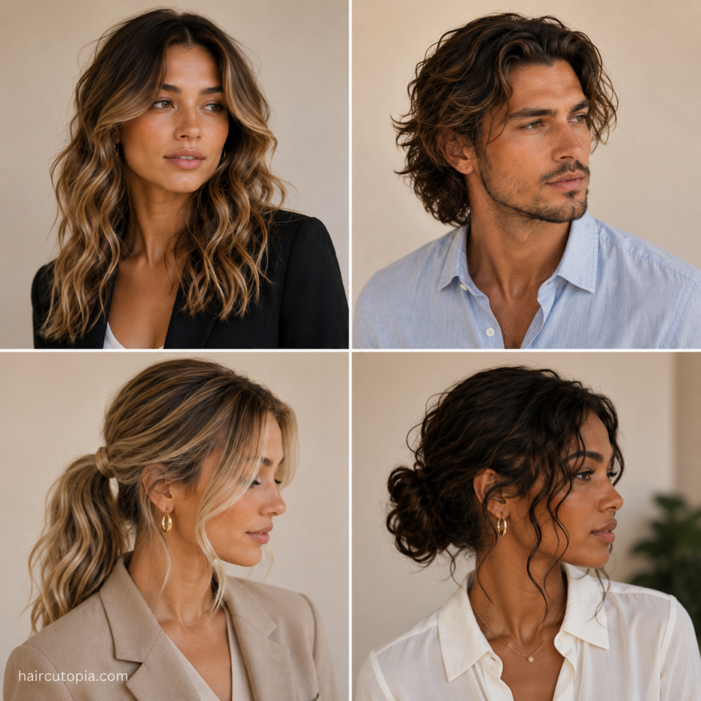 Diverse men and women showcasing professional beach waves hairstyles, including loose waves, a low ponytail, and a polished wavy updo.