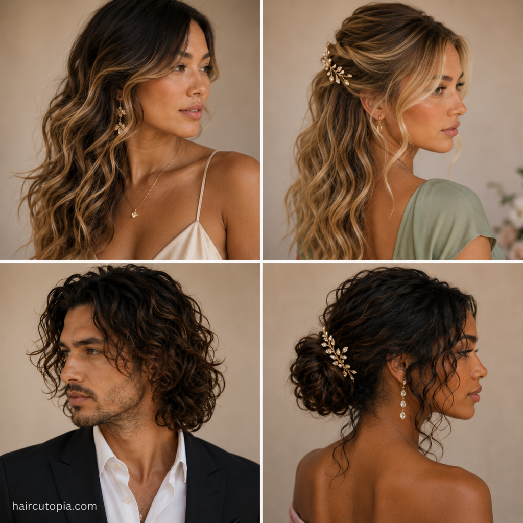 Diverse men and women showcasing elegant beach waves, a romantic half-up style, textured men's waves, and a wavy low updo.