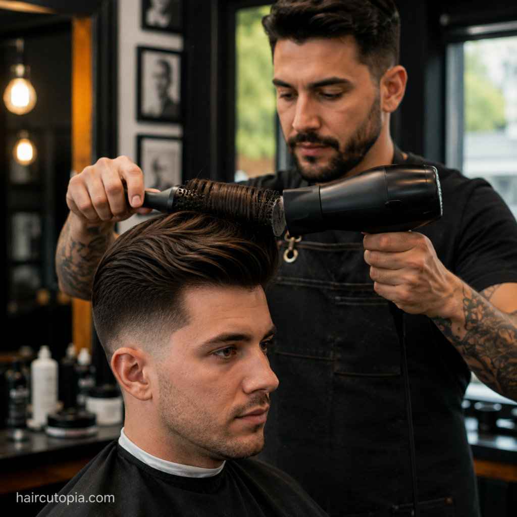 Barber blow-drying a pompadour with a round brush