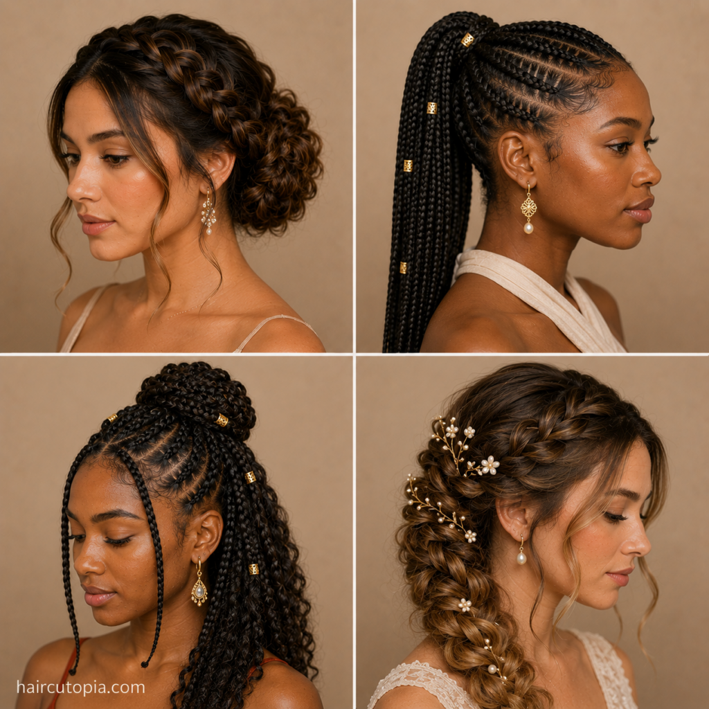 Women showcasing braided hairstyles for special events including braided updos, ponytails, box braids, and romantic side braids