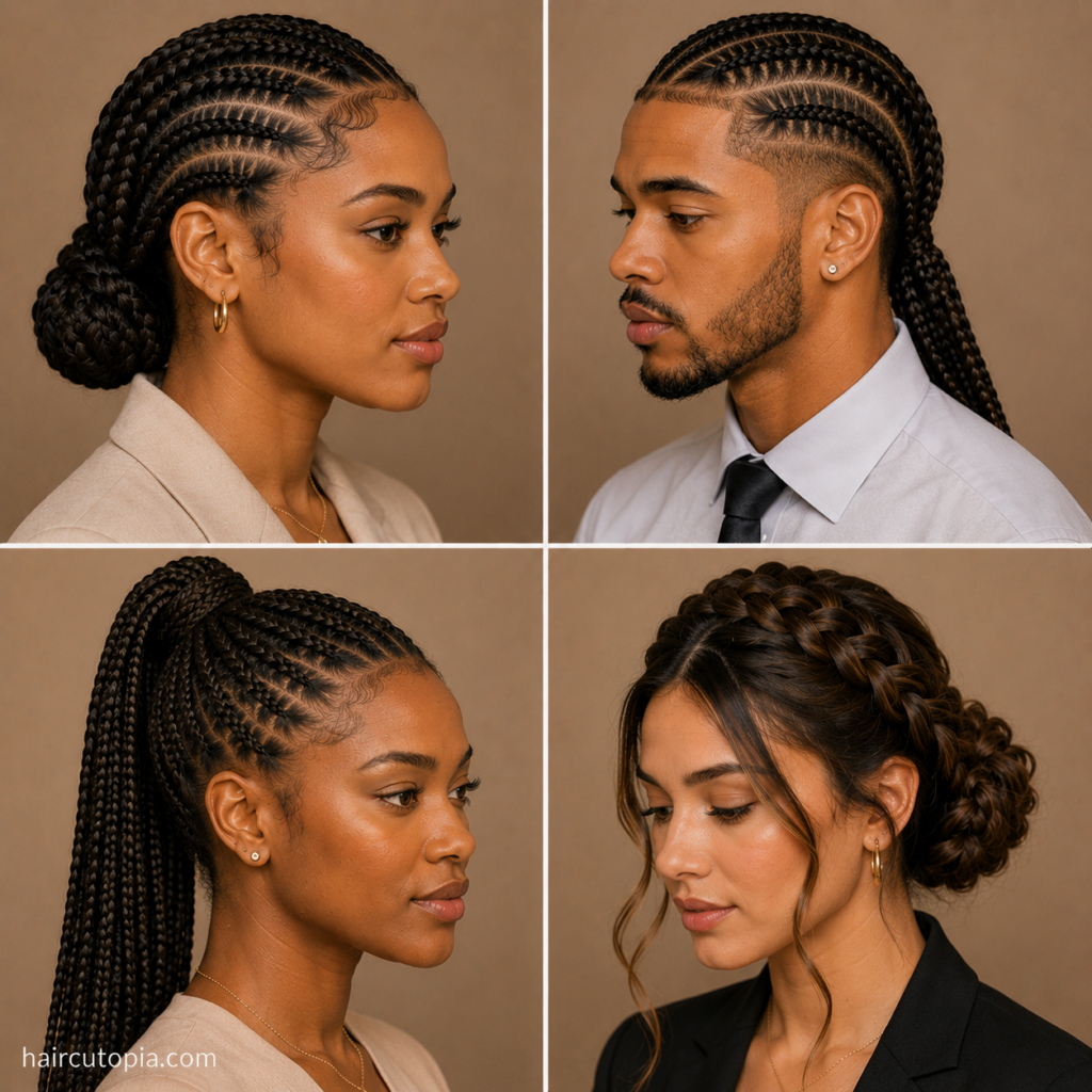 Men and women showcasing professional braided hairstyles for work including cornrows, a braided bun, box braids, and a crown braid