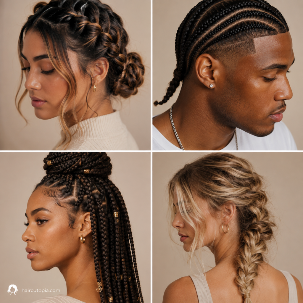 Different braided hairstyles including cornrows, box braids, braided updos, and loose braids