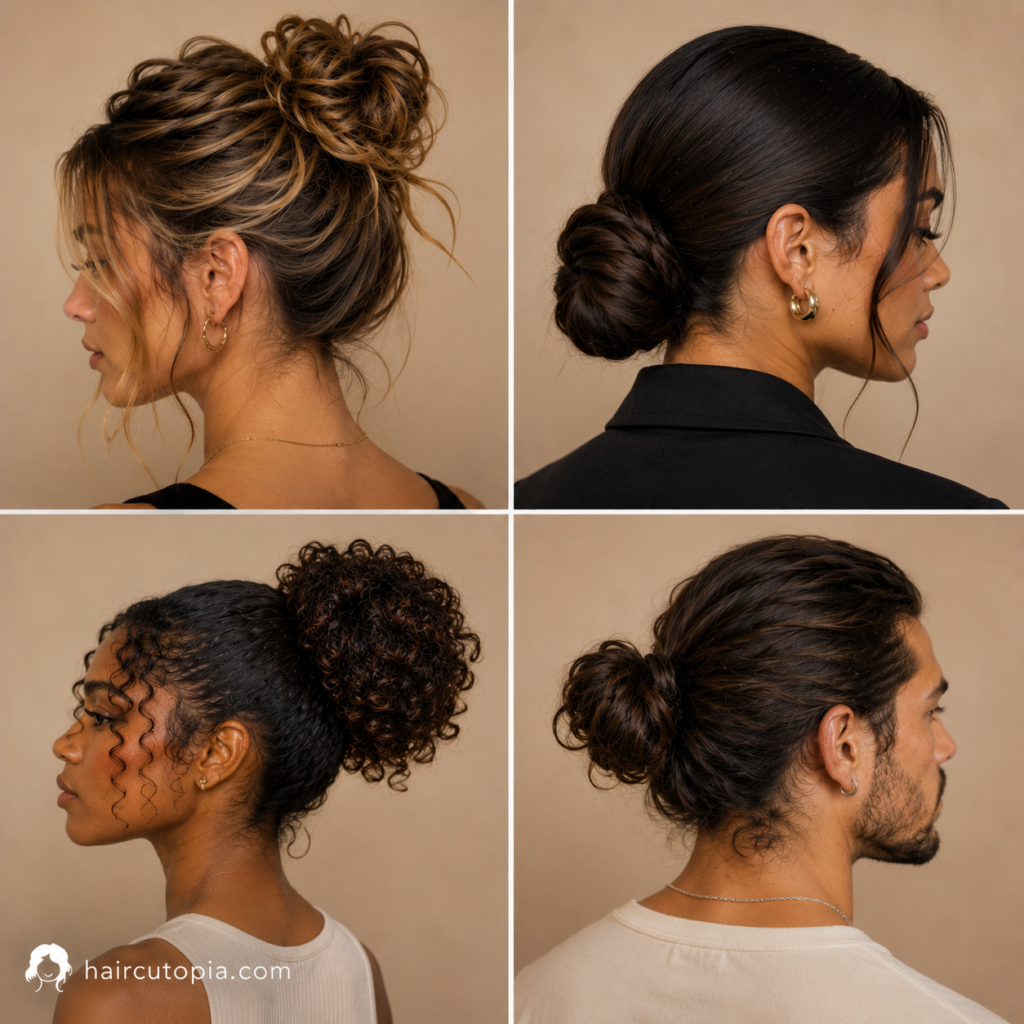 Bun hairstyle ideas featuring a messy high bun, sleek low bun, curly bun, and men's bun