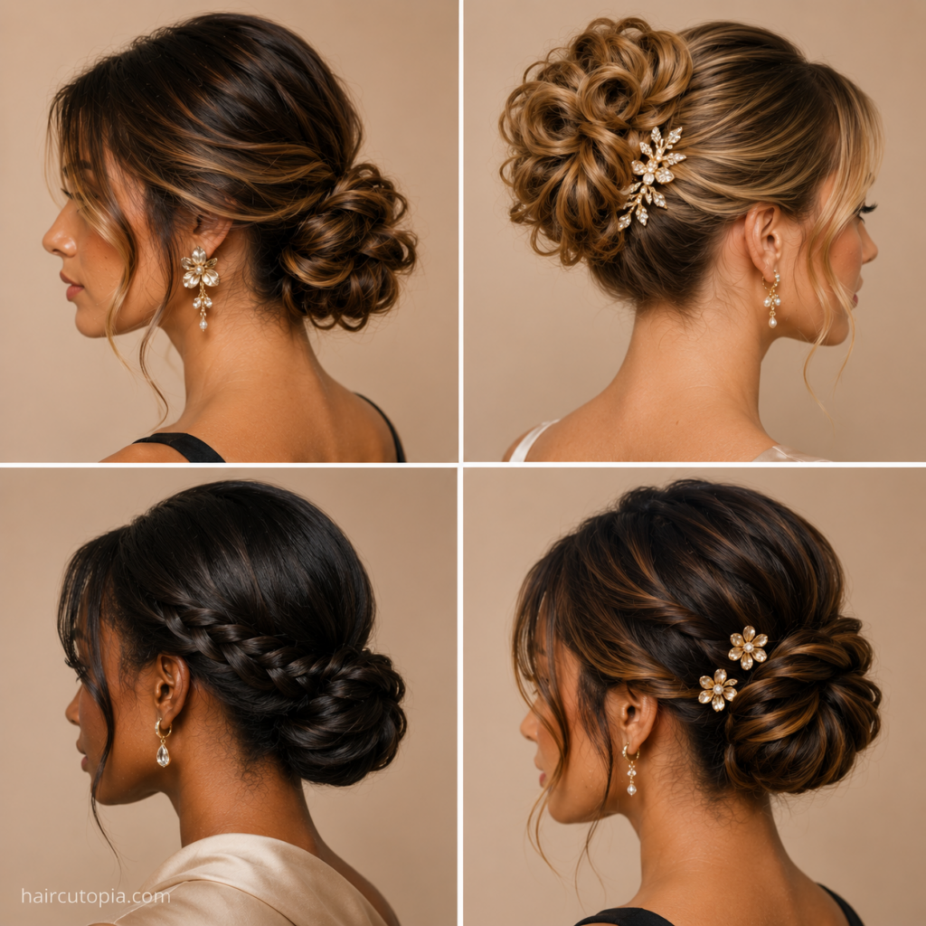 Bun hairstyles for special events featuring romantic low, curly, braided, and twisted formal buns