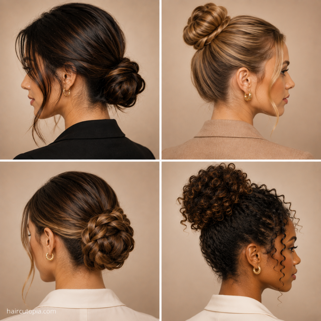Bun hairstyles for work featuring polished low, high, braided, and curly bun styles