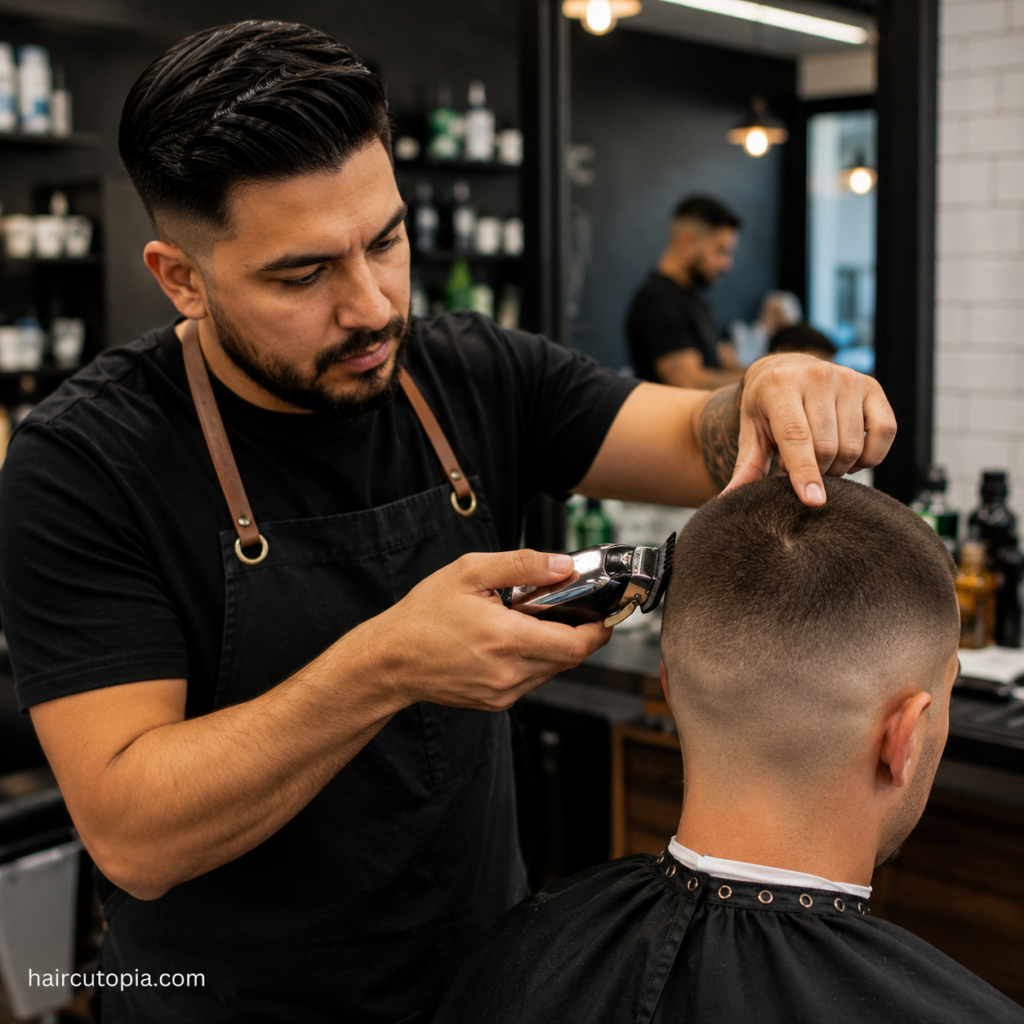 Barber using clippers to create a fade on a buzz cut