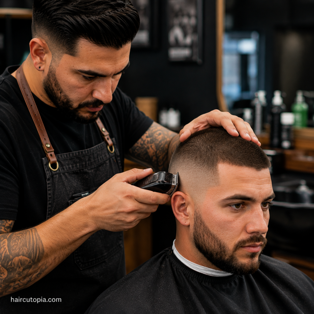 Barber giving a buzz cut fade a maintenance touch-up