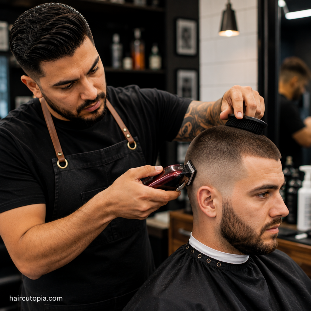 Barber maintaining a buzz cut with clippers