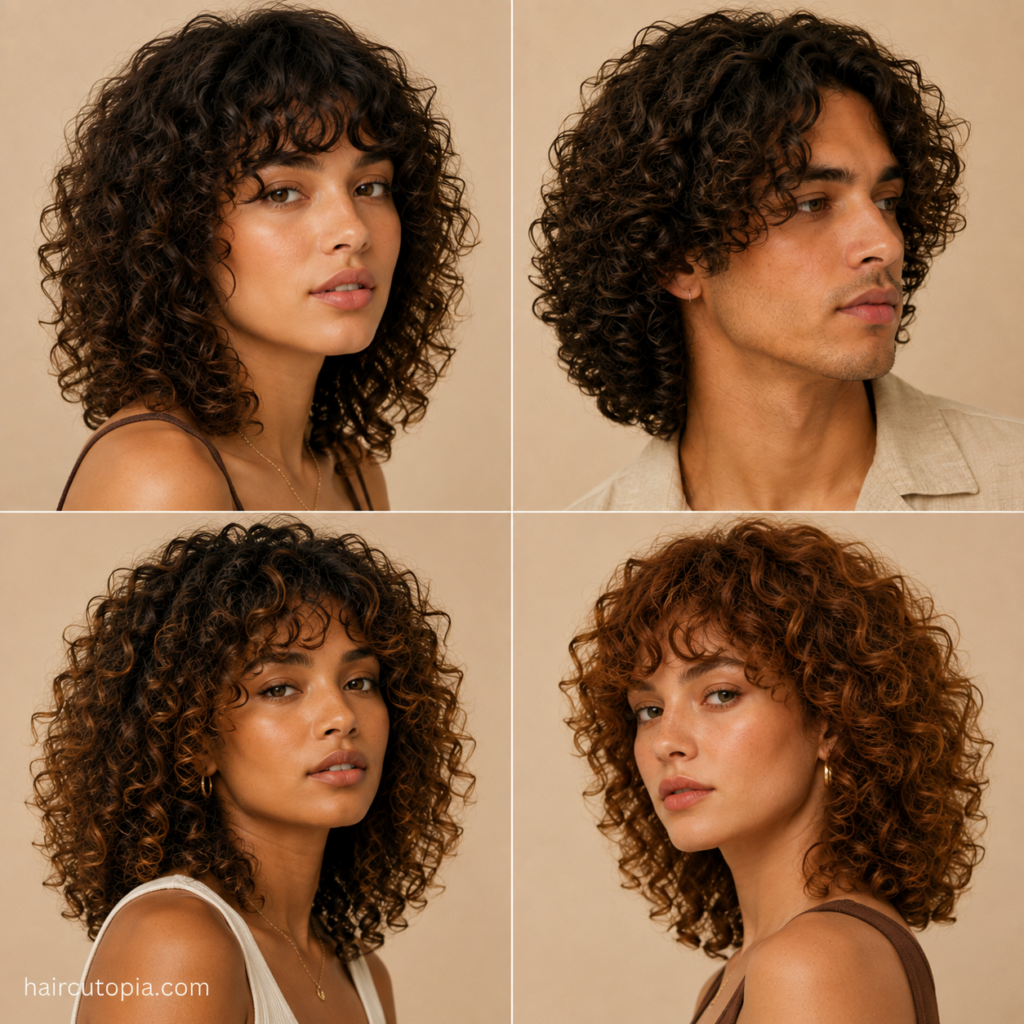 Men and women showcasing medium curly hairstyle ideas with layers, bangs, and natural volume